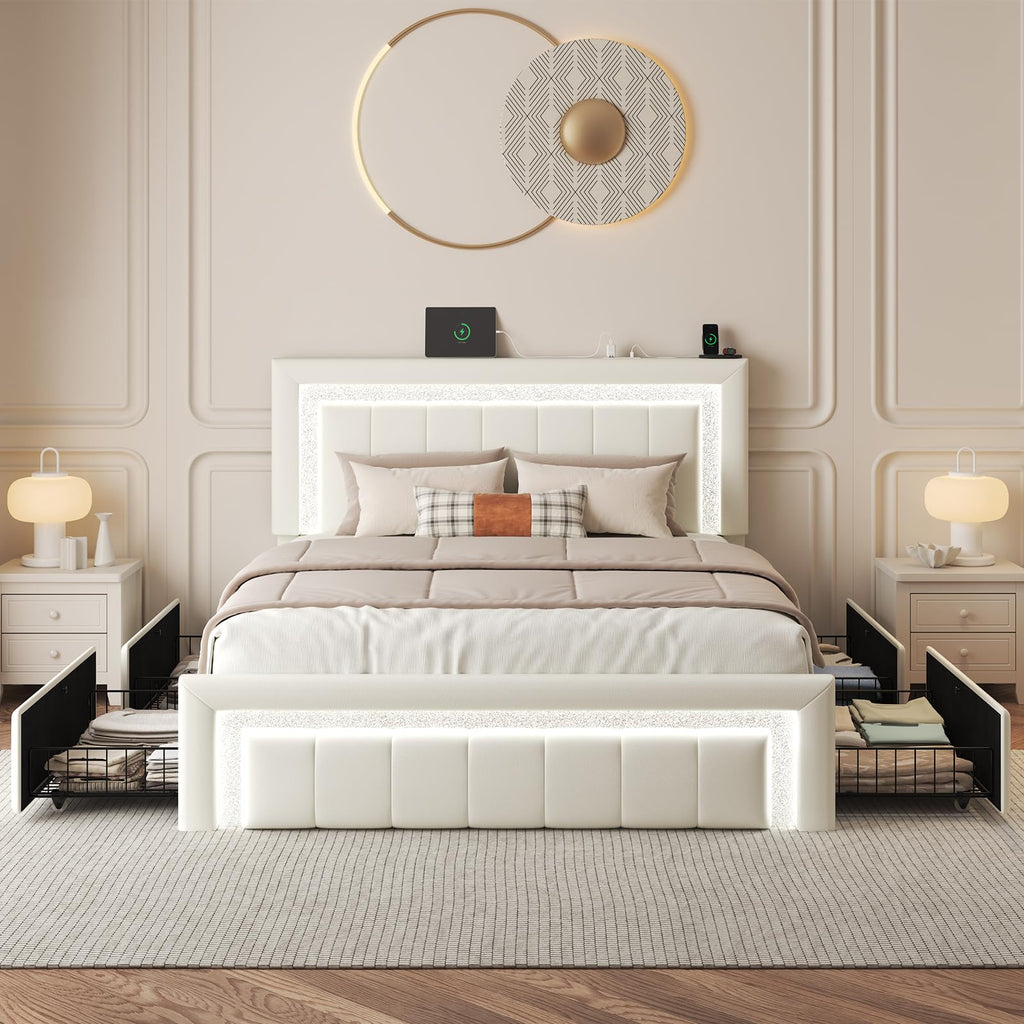 White Upholstered Full Bed Frame with Storage Drawers F3477