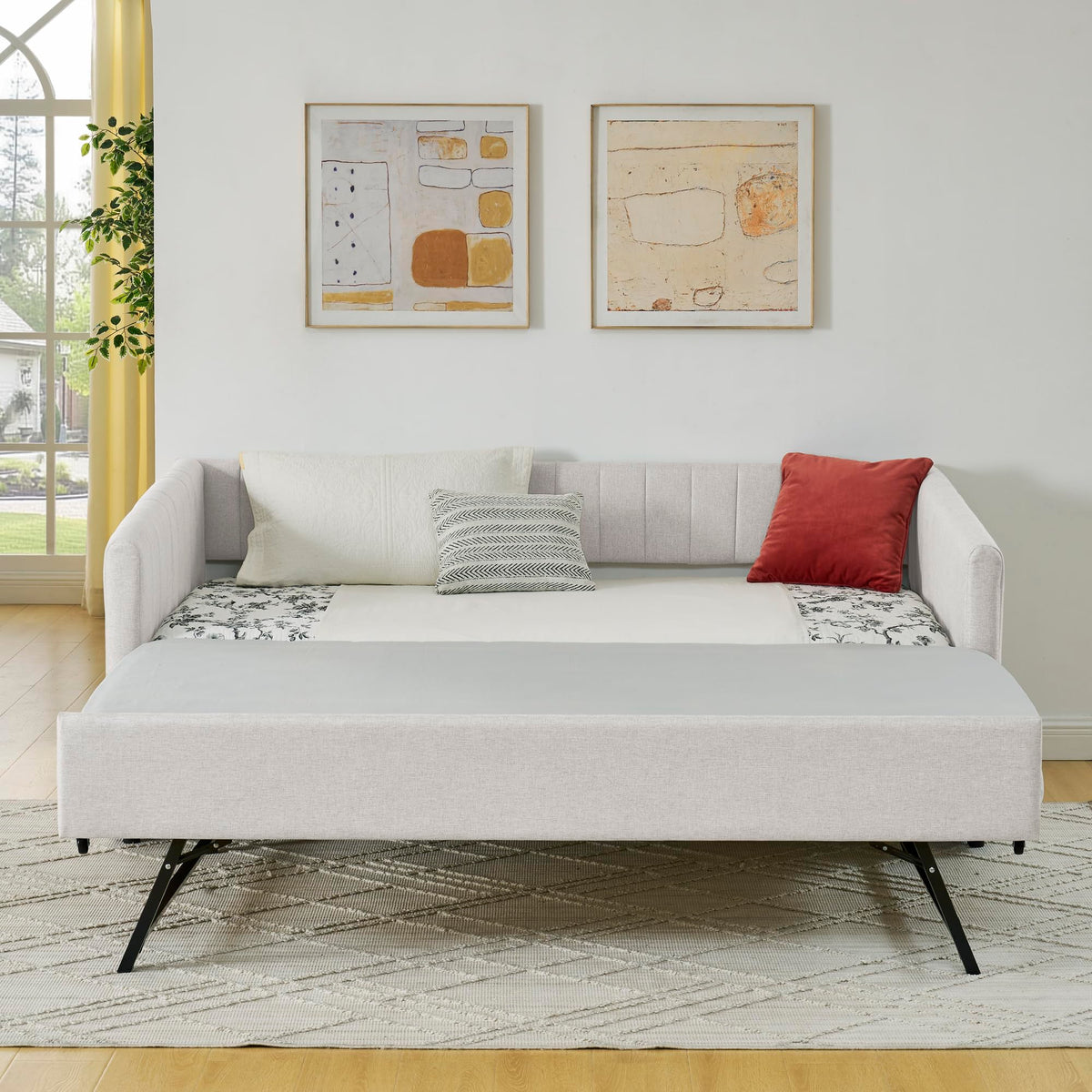 Beige Linen Twin Size Upholstered Daybed with Trundle and Headboard E782125