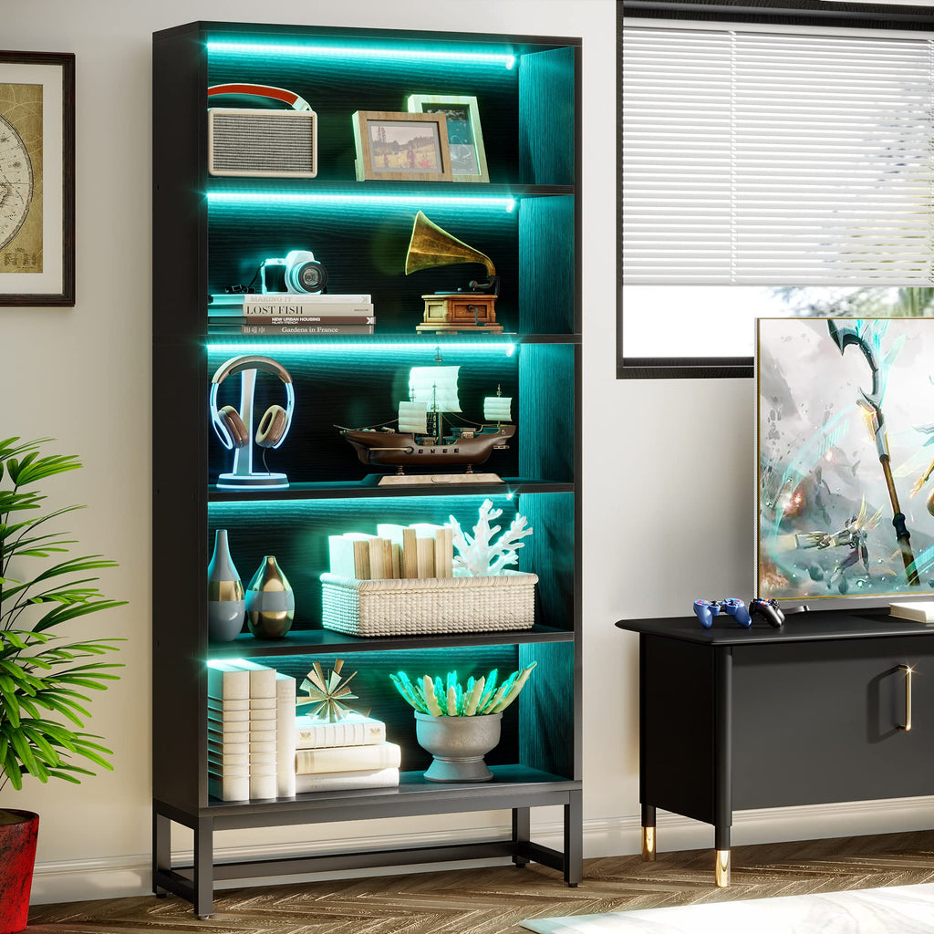 Black 70.8” 5-Tier Bookcase with LED Lights J632