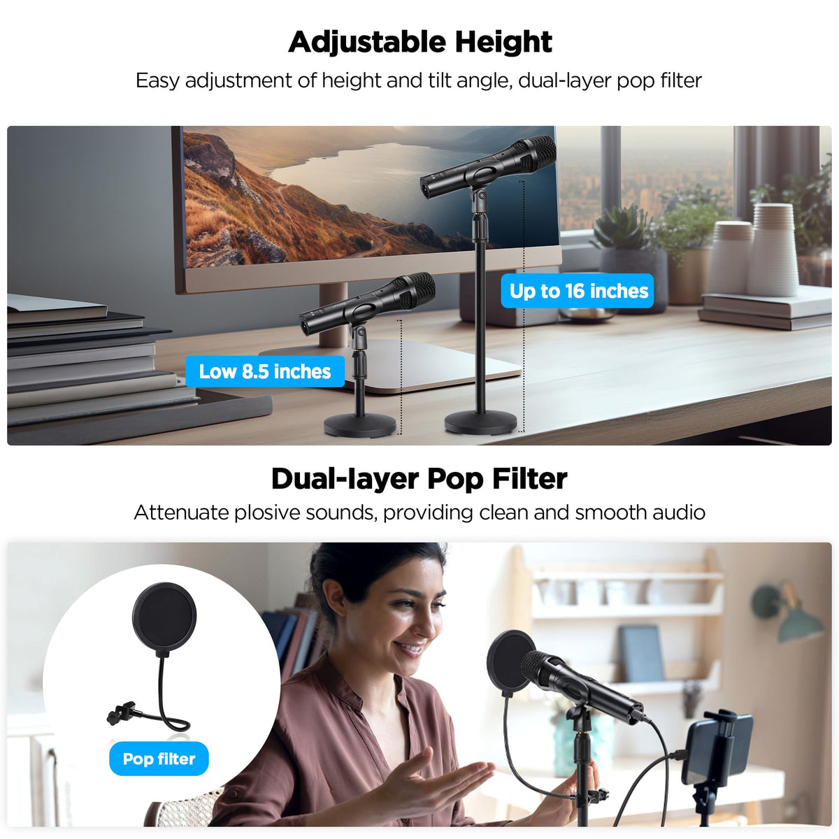 USB Dynamic Microphone with Desktop Stand, Pop Filter, Headphone Jack Y603041