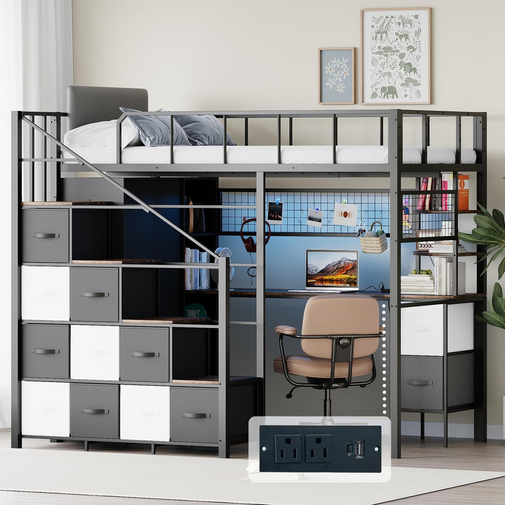 Twin Size Metal Loft Bed with Desk, Stairs, LED Light, Headboard, Guardrail, Charging Station, Closet and Fabric Drawers, Black & Burnt Wood S379