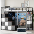 Twin Size Metal Loft Bed with Desk, Stairs, LED Light, Headboard, Guardrail, Charging Station, Closet and Fabric Drawers, Black & Burnt Wood S379