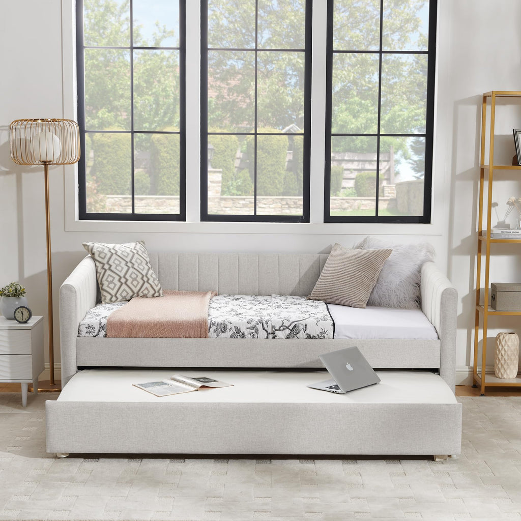 Beige Linen Twin Size Upholstered Daybed with Trundle and Headboard E782125