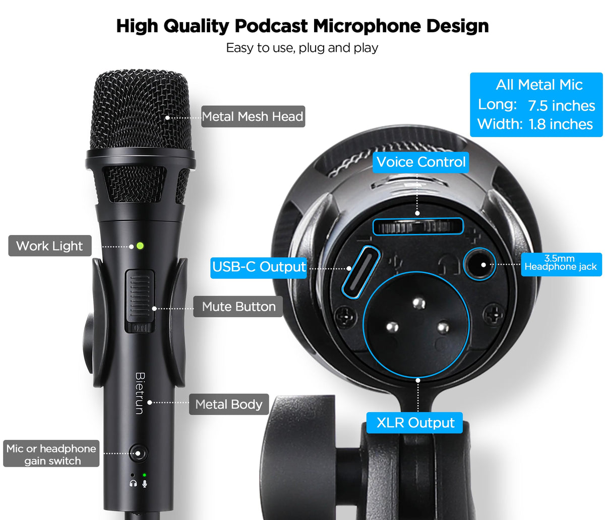 USB Dynamic Microphone with Desktop Stand, Pop Filter, Headphone Jack Y603041