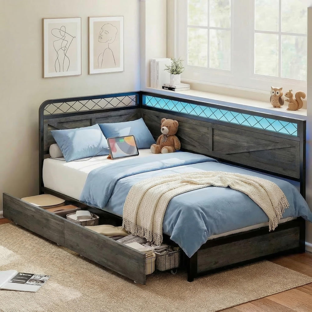 Twin Corner Bed Frame with Storage Drawers Z6049