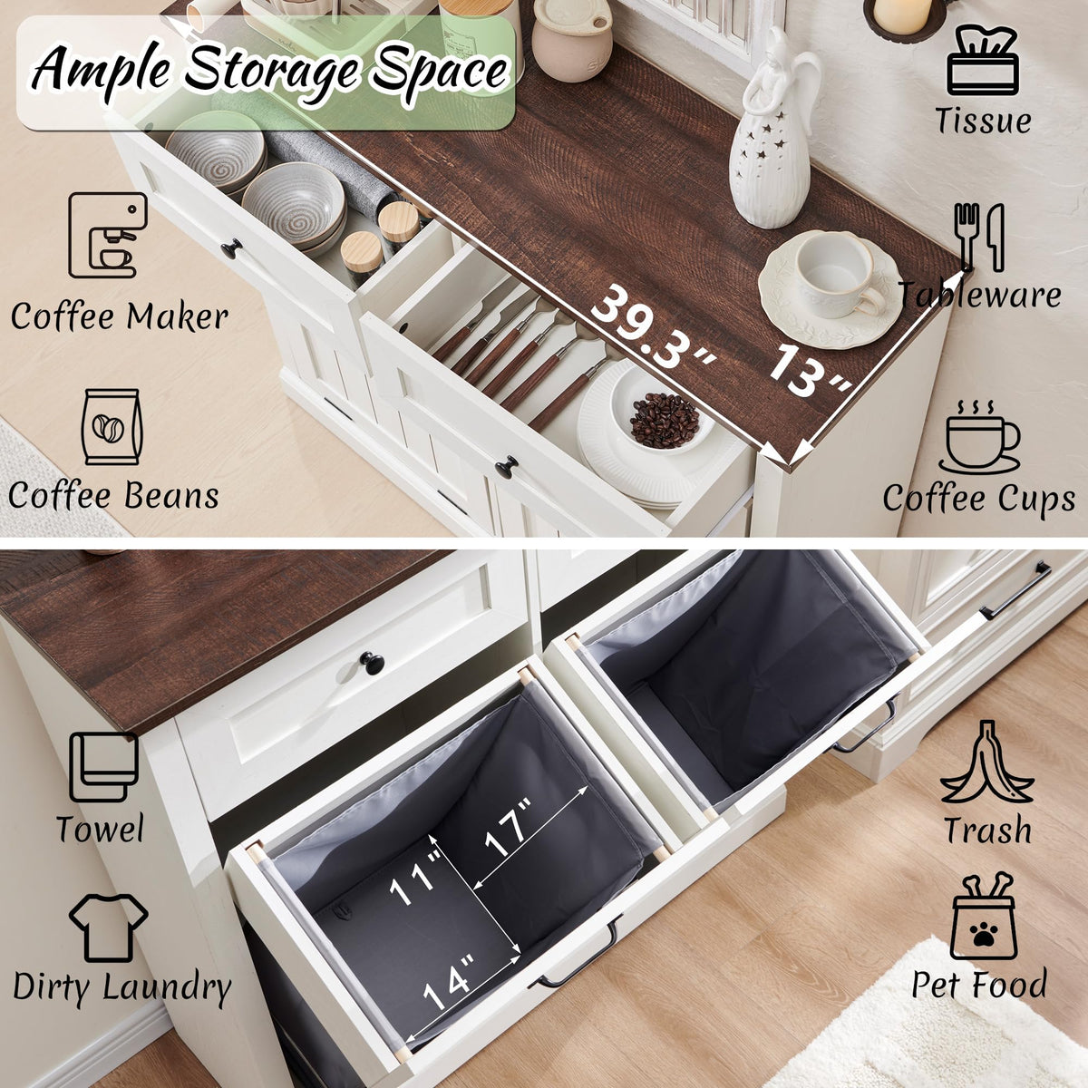 Double Tilt Out Laundry Hamper Cabinet Antique White M4108