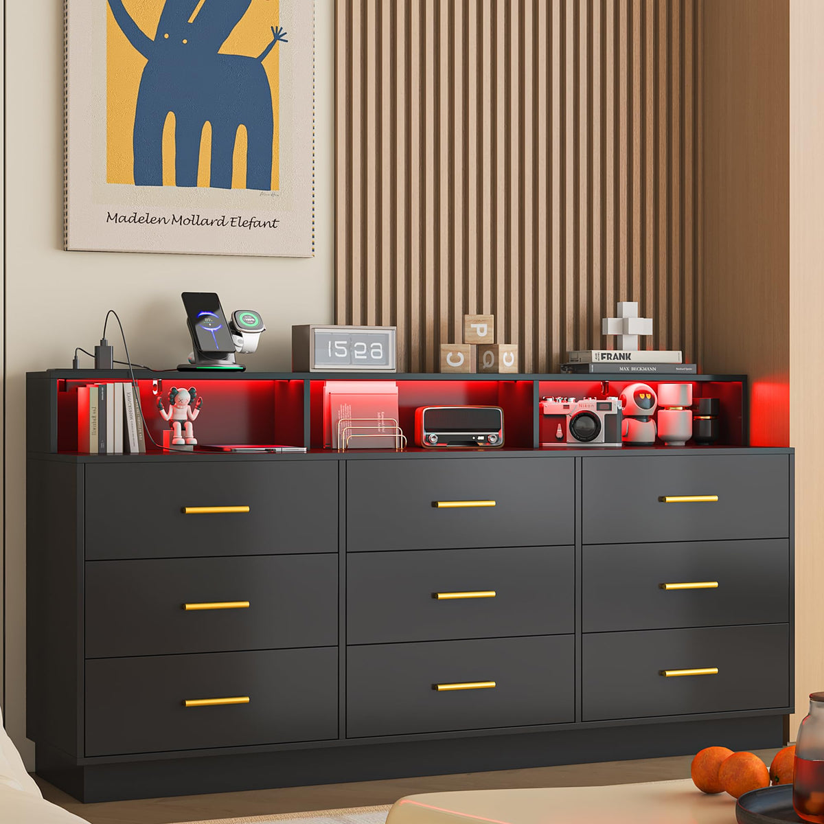 Black 9 Drawer Wood Dresser with LED Light and Power Outlet E629971