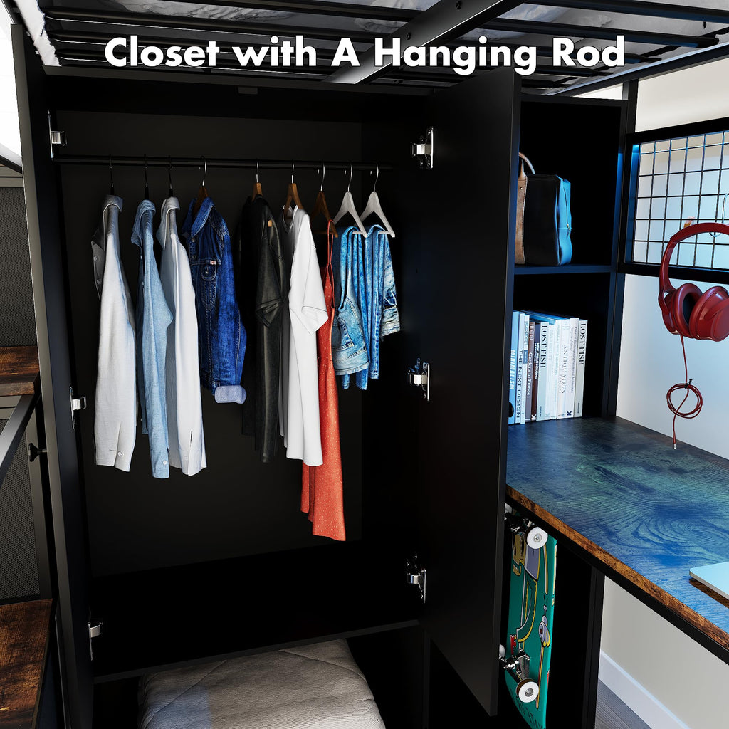 Twin Size Metal Loft Bed with Desk, Stairs, LED Light, Headboard, Guardrail, Charging Station, Closet and Fabric Drawers, Black & Burnt Wood S379