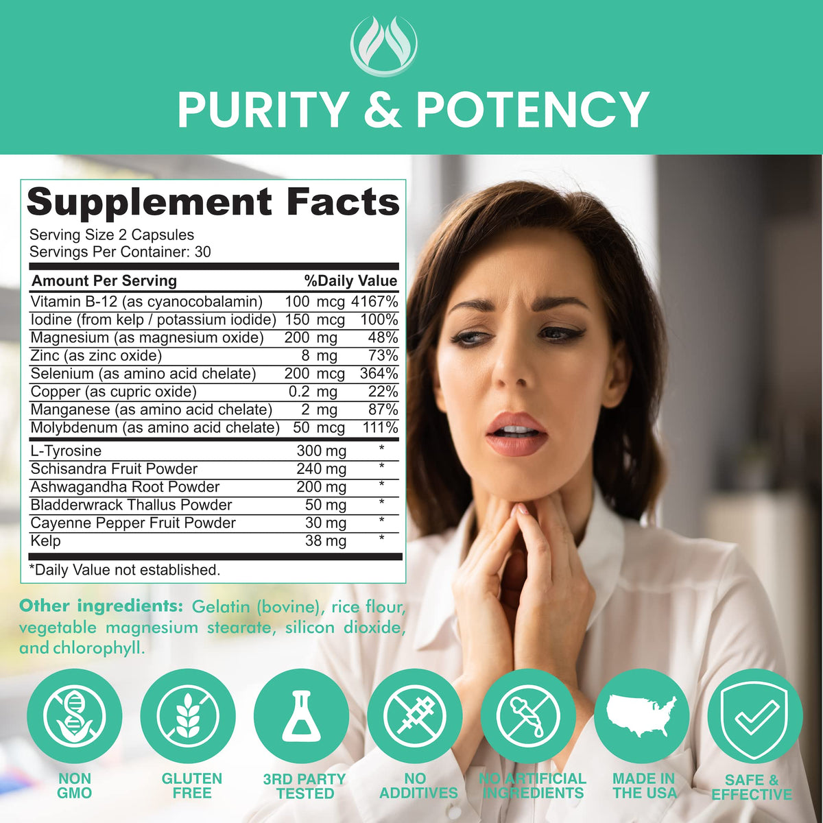 Thyroid Support Supplement with Iodine, Ashwagandha, Zinc, Selenium, Vitamin B12, Kelp, Magnesium, L Tyrosine M6486
