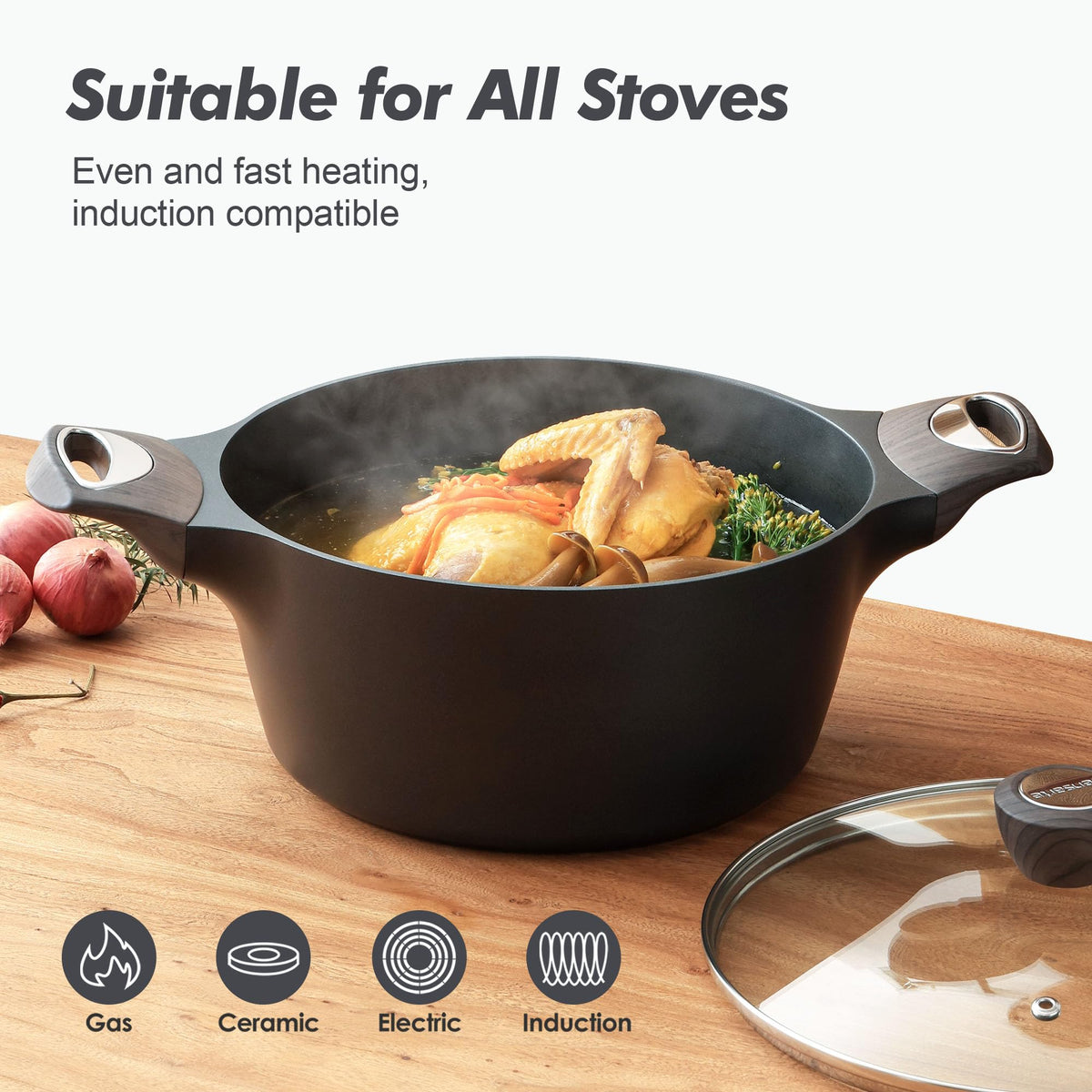 Nonstick Stock Pot with Lid 6.6 QT Black F96427