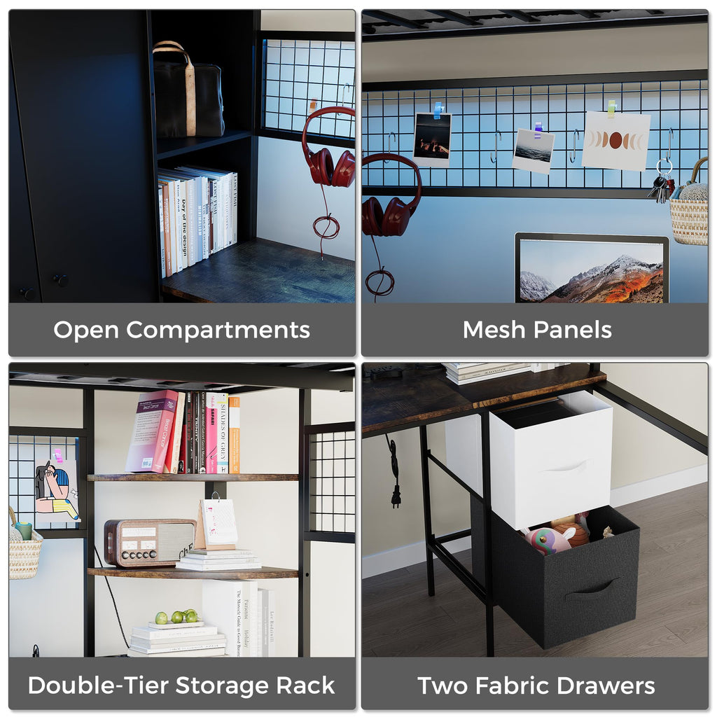 Twin Size Metal Loft Bed with Desk, Stairs, LED Light, Headboard, Guardrail, Charging Station, Closet and Fabric Drawers, Black & Burnt Wood S379