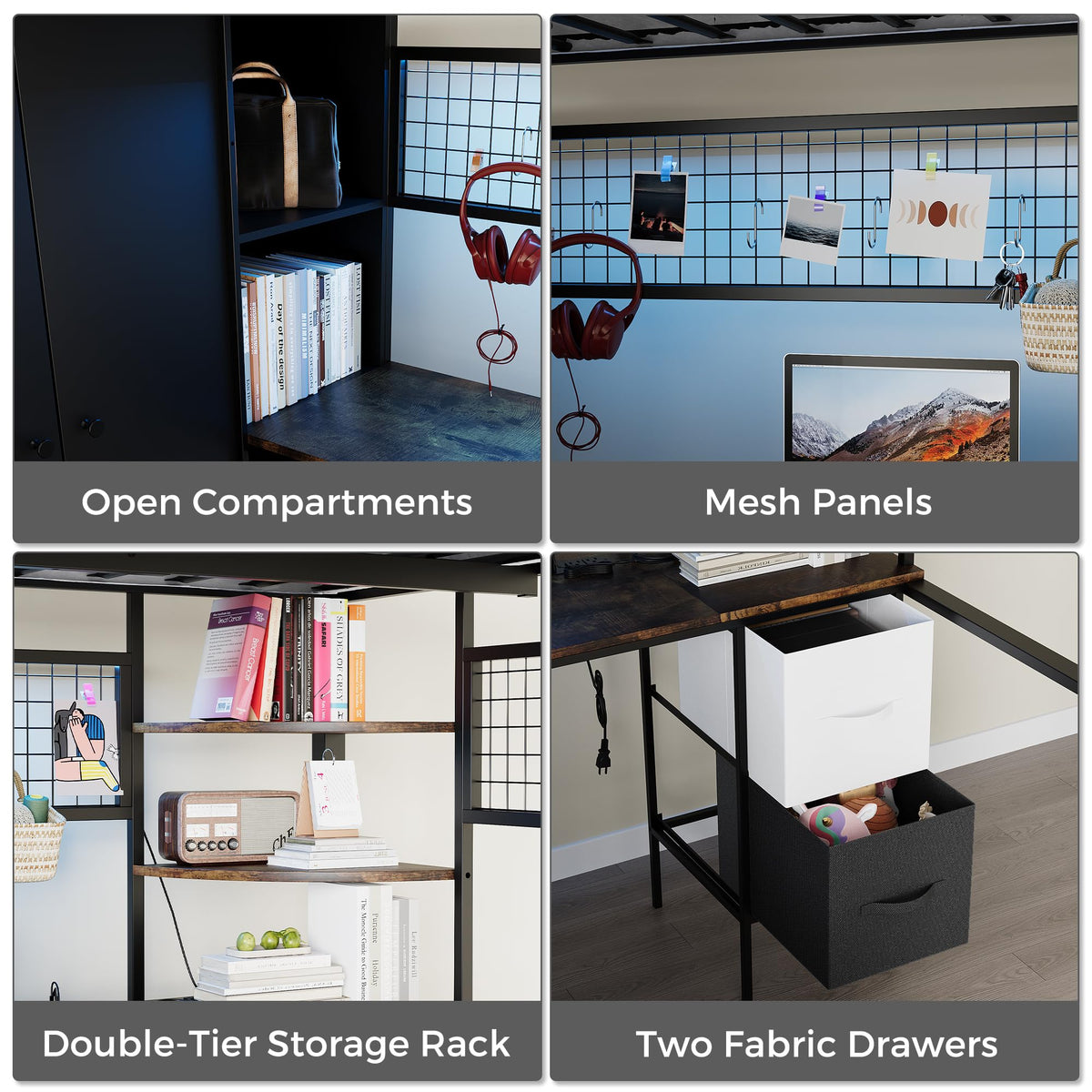 Twin Size Metal Loft Bed with Desk, Stairs, LED Light, Headboard, Guardrail, Charging Station, Closet and Fabric Drawers, Black & Burnt Wood S379