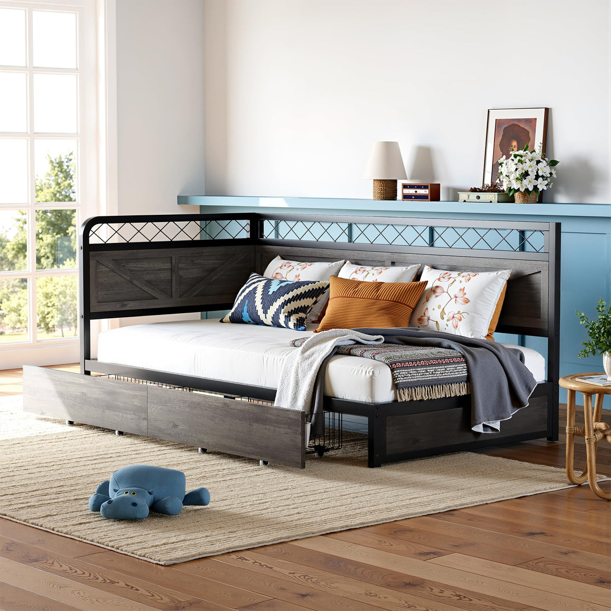 Twin Corner Bed Frame with Storage Drawers Z6049