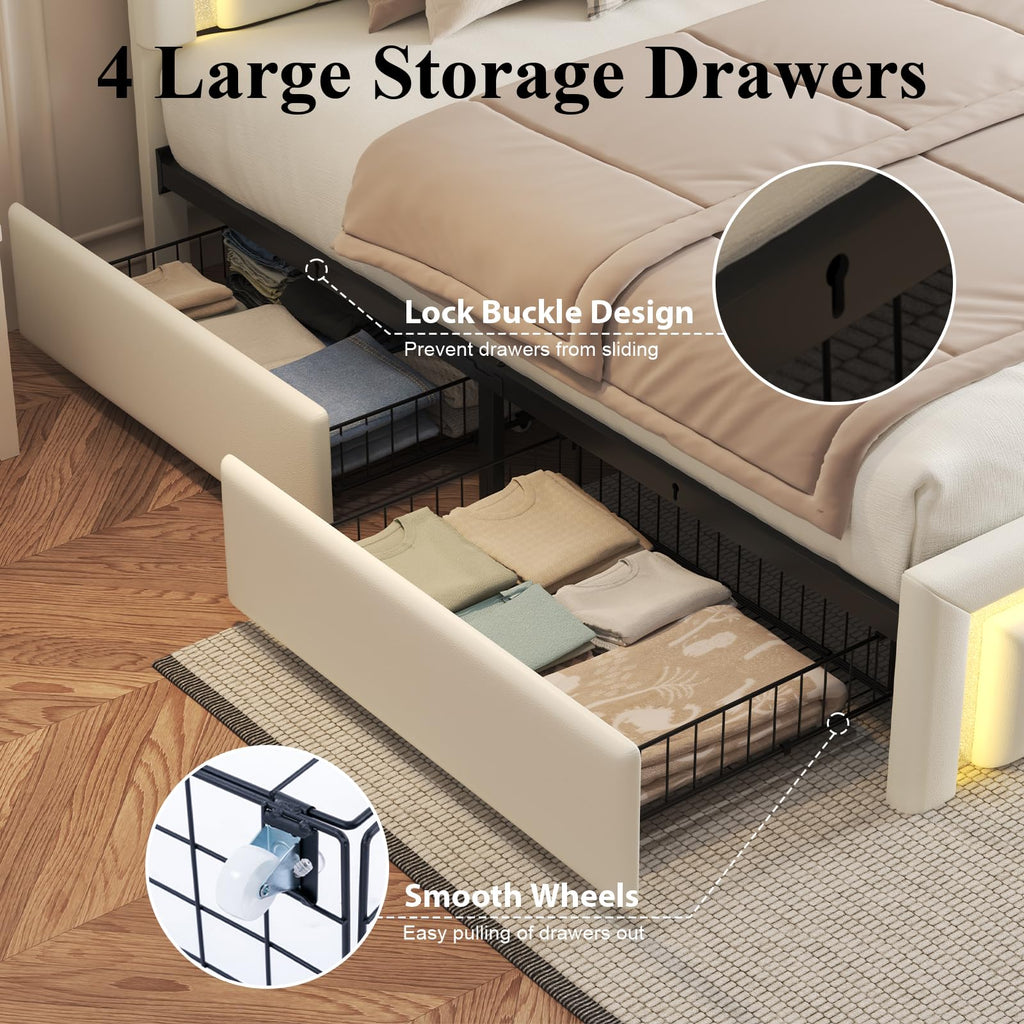 White Upholstered Full Bed Frame with Storage Drawers F3477