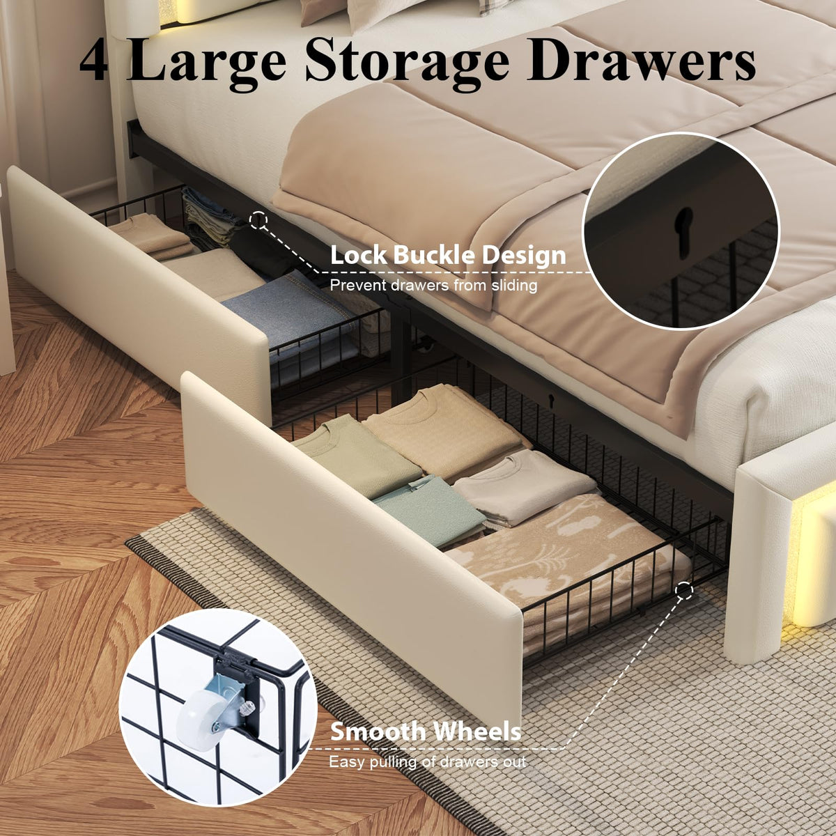 White Upholstered Full Bed Frame with Storage Drawers F3477