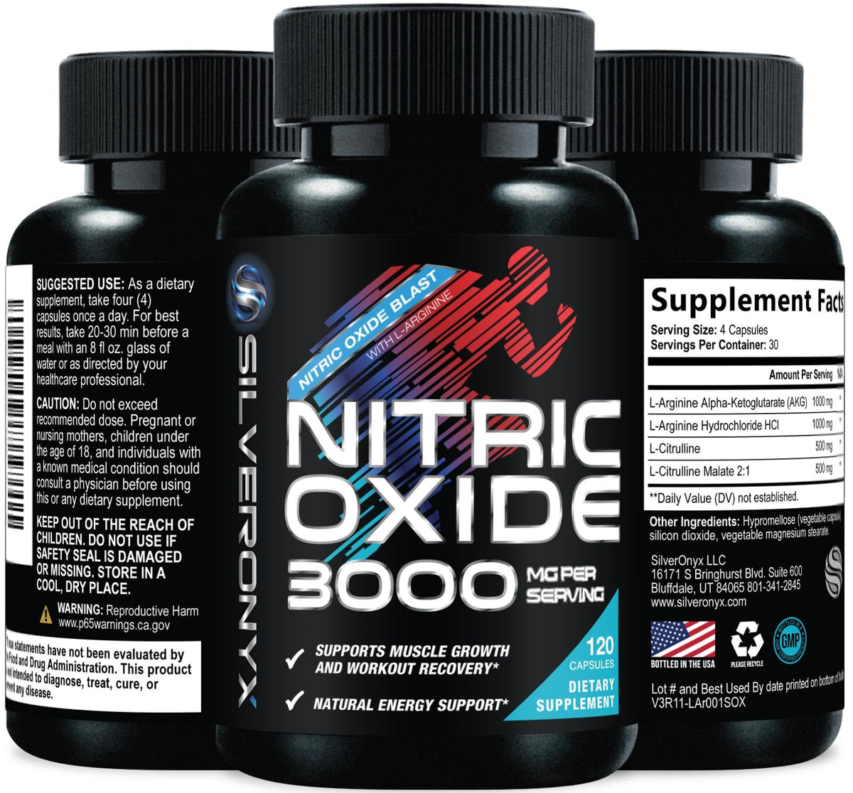 Nitric Oxide Supplement 3000mg Blend L-Arginine & L-Citrulline 120 Capsules V1953