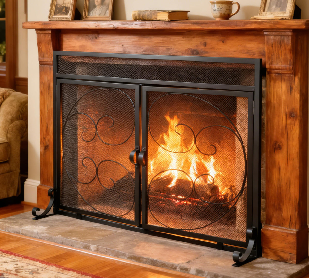 Wrought Iron Fireplace Screen with Magnetic Double Doors Black Y559