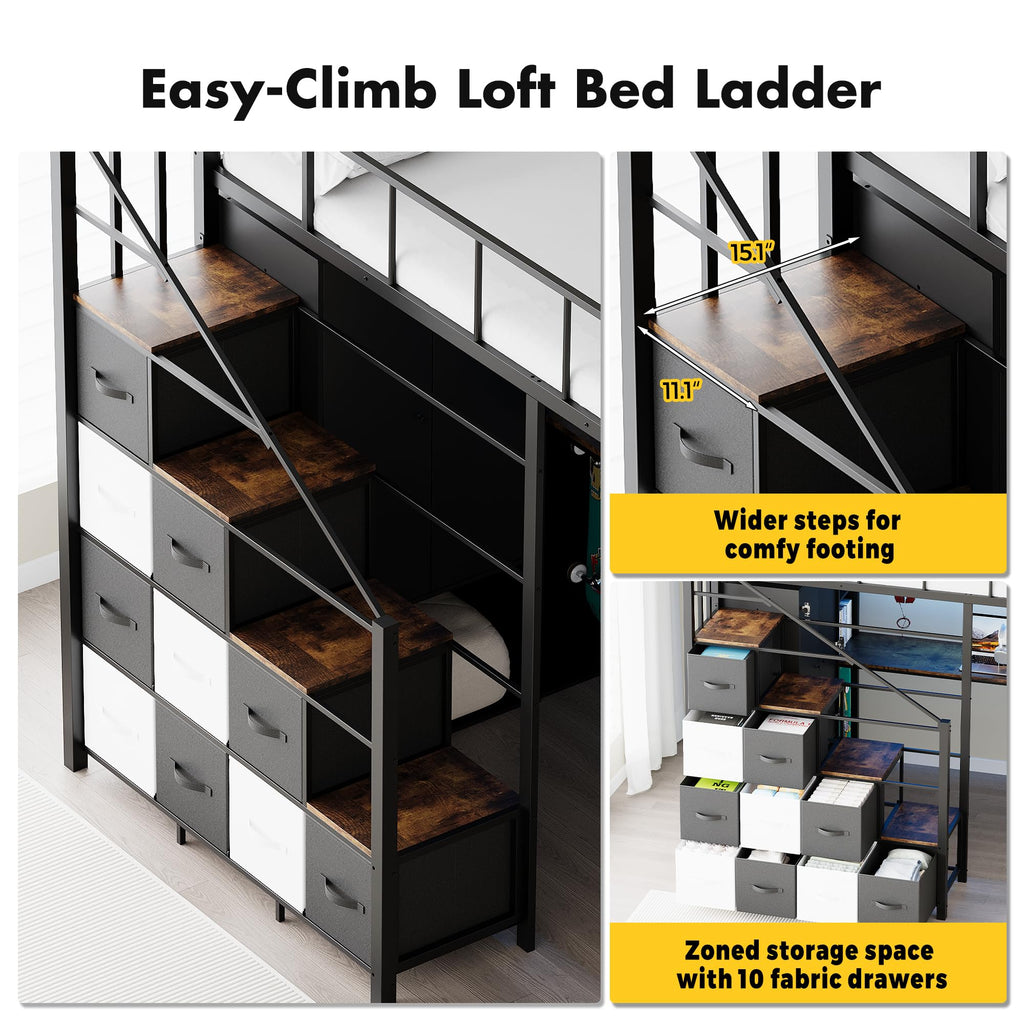 Twin Size Metal Loft Bed with Desk, Stairs, LED Light, Headboard, Guardrail, Charging Station, Closet and Fabric Drawers, Black & Burnt Wood S379