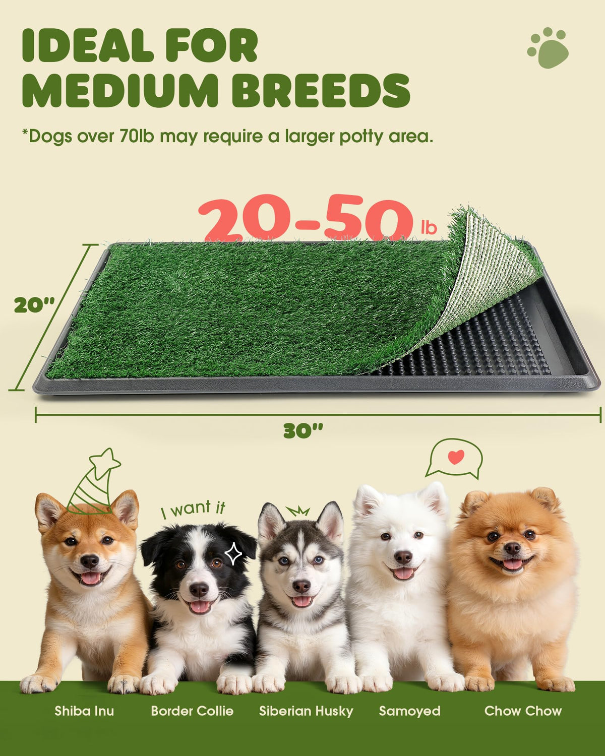 Grass Pad for Dogs Potty, 3-Layer Reusable, Washable, 30 x 20 in Q3765
