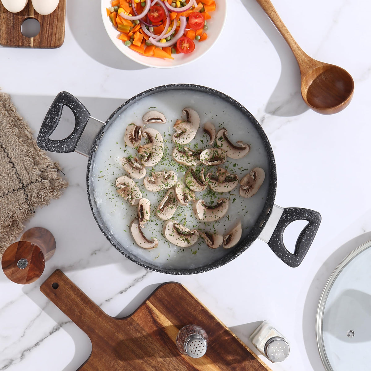 13-Piece Beige Marble Coated Non-Stick Cookware Set with Glass Lids U4201