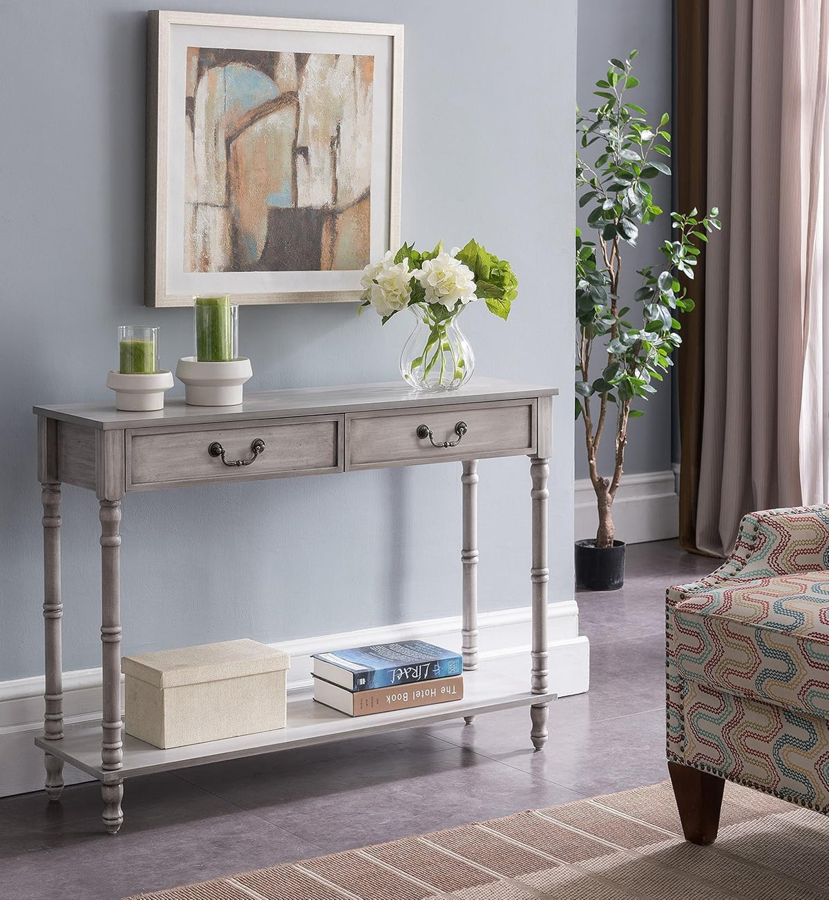 Washed Oak Wood Console Table with 2 Drawers K481