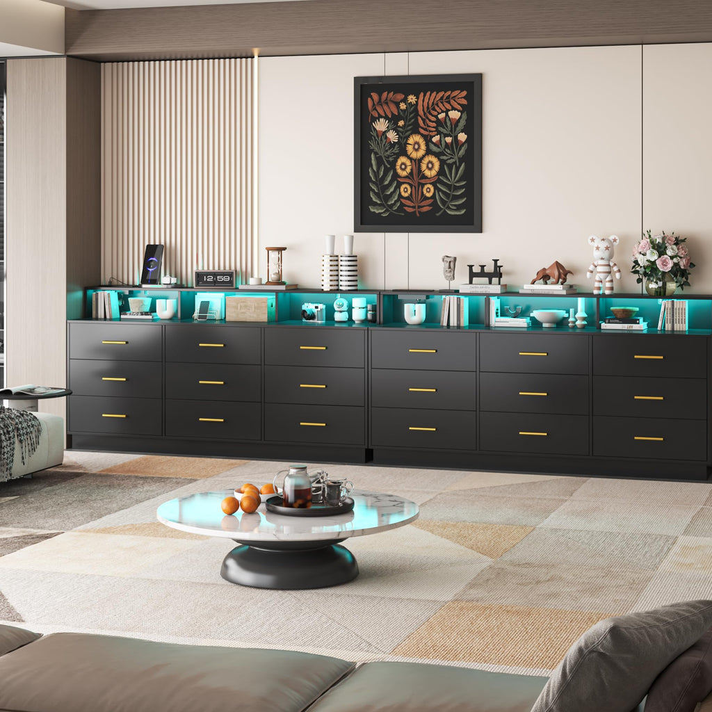 Black 9 Drawer Wood Dresser with LED Light and Power Outlet E629971