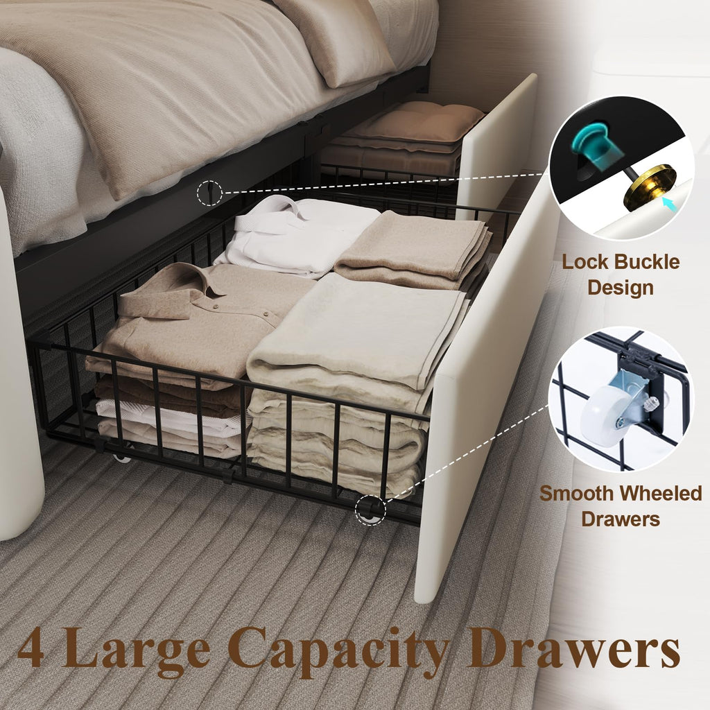 White Upholstered Twin Size Bed Frame with 4 Storage Drawers Z857359