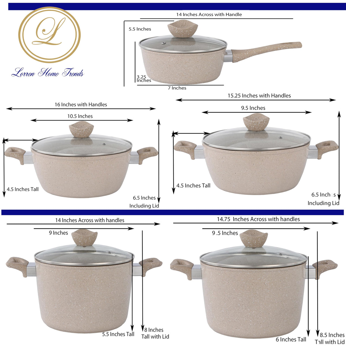 13-Piece Beige Marble Coated Non-Stick Cookware Set with Glass Lids U4201