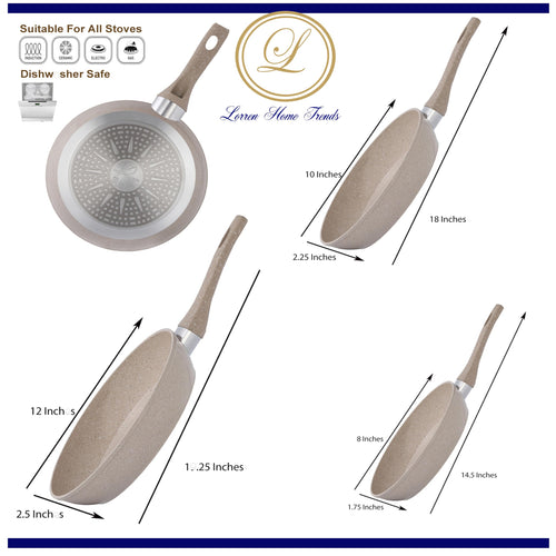 13-Piece Beige Marble Coated Non-Stick Cookware Set with Glass Lids U4201