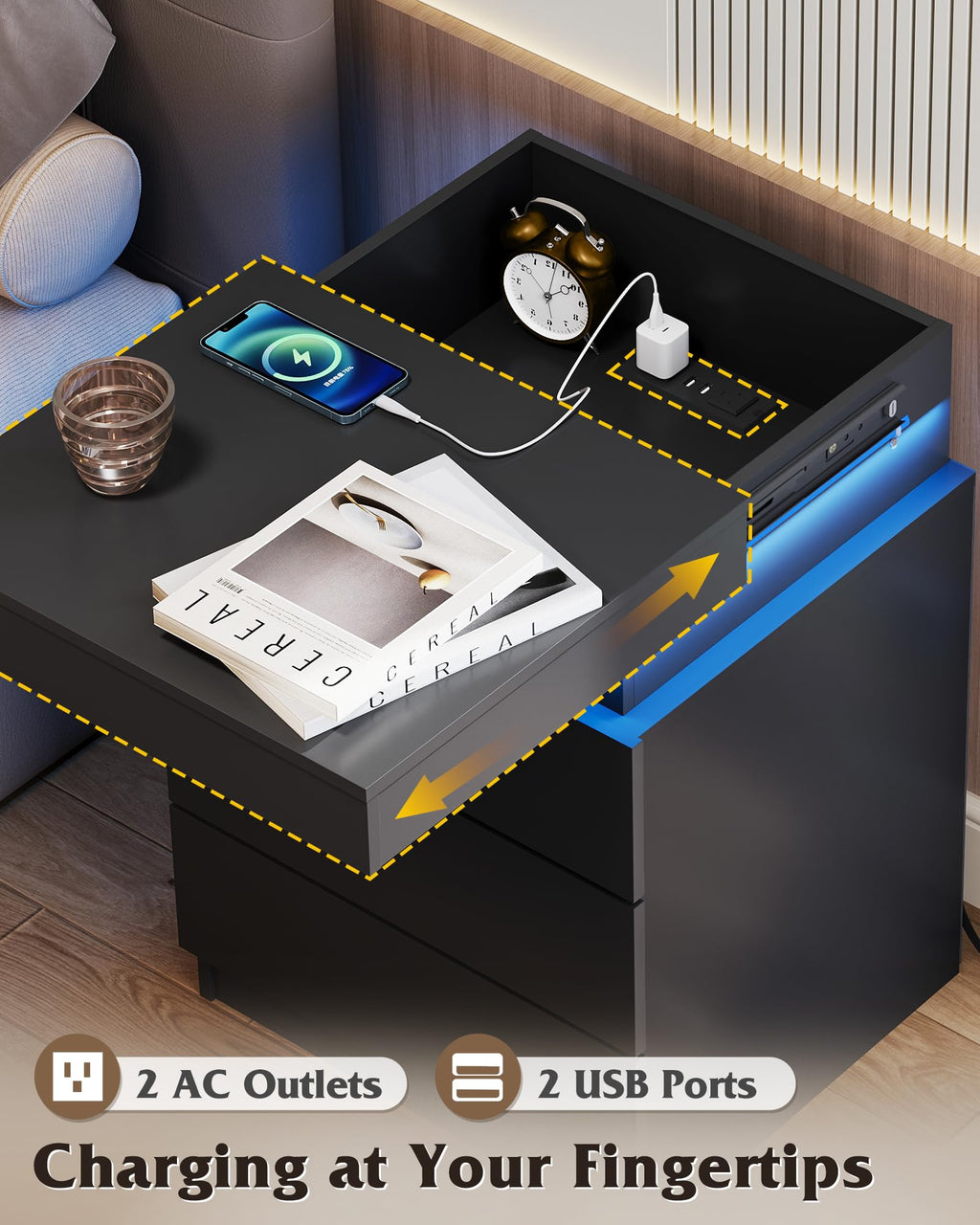Black Nightstand with Charging Station J706