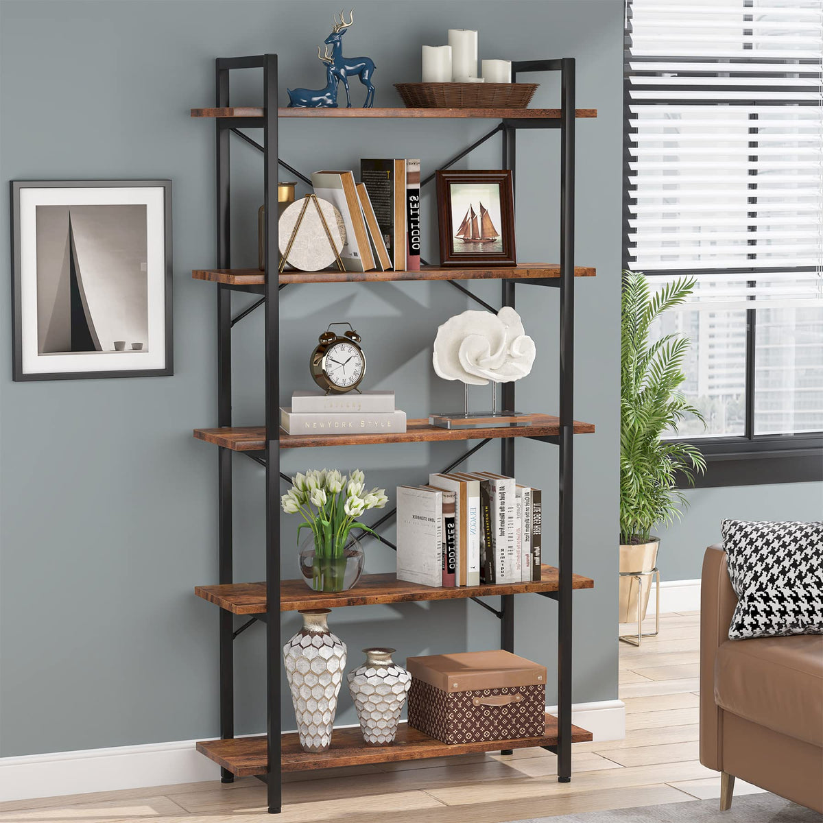 5 Tier Industrial Bookshelf with Metal Frame G8172