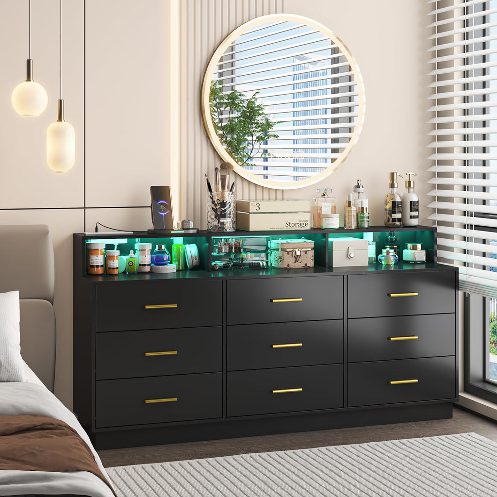 Black 9 Drawer Wood Dresser with LED Light and Power Outlet E629971