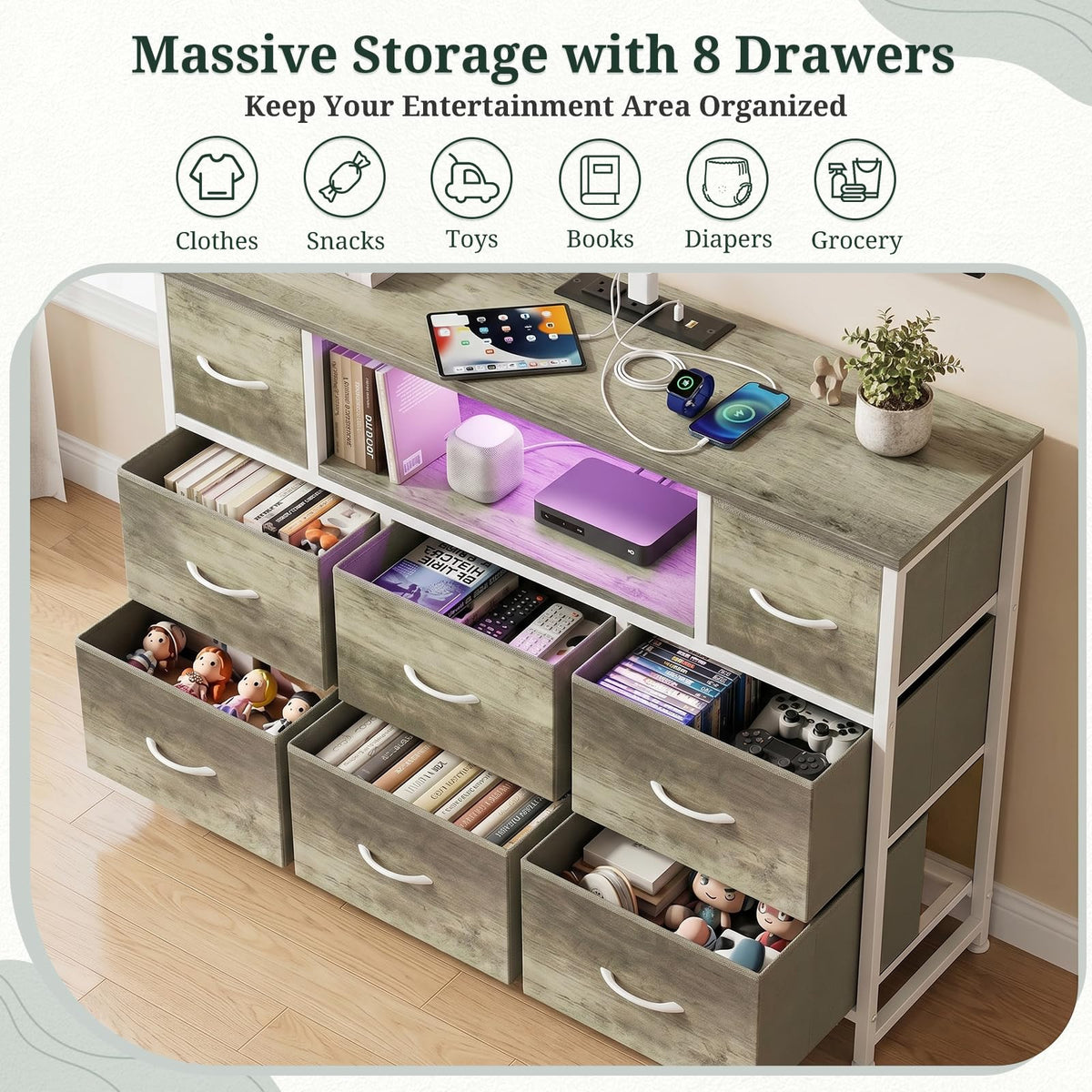 8 Drawer TV Stand with Charging Station K452