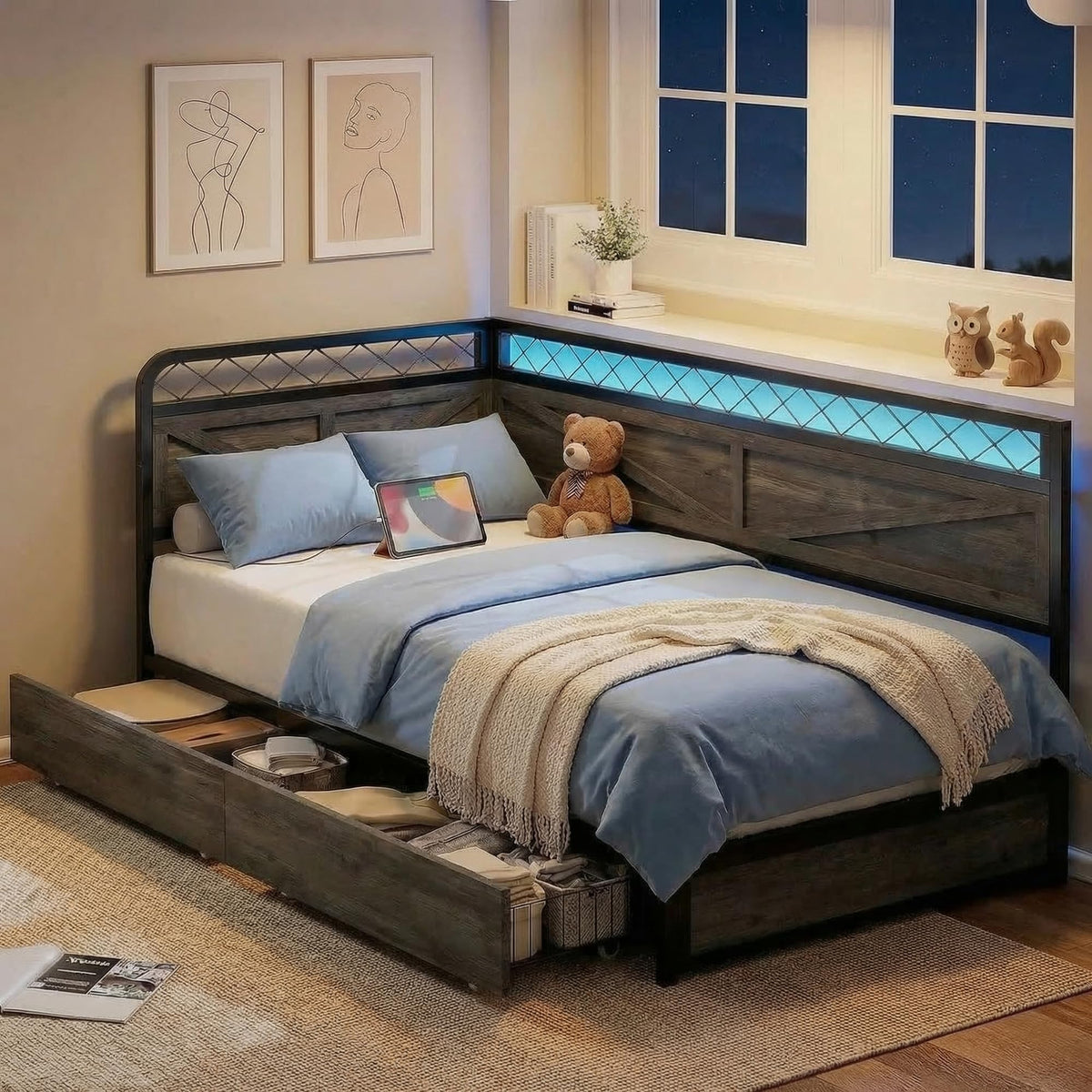 Twin Corner Bed Frame with Storage Drawers Z6049
