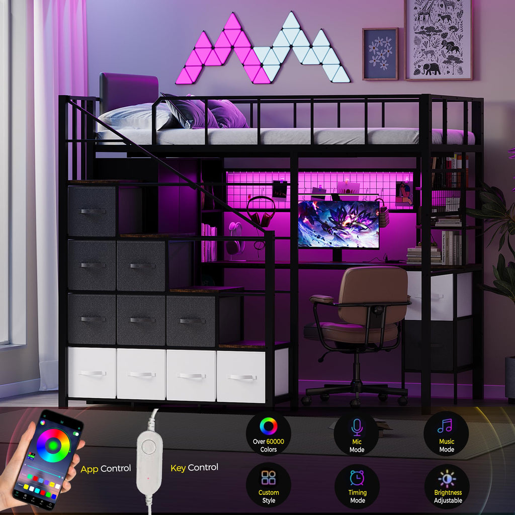 Twin Size Metal Loft Bed with Desk, Stairs, LED Light, Headboard, Guardrail, Charging Station, Closet and Fabric Drawers, Black & Burnt Wood S379