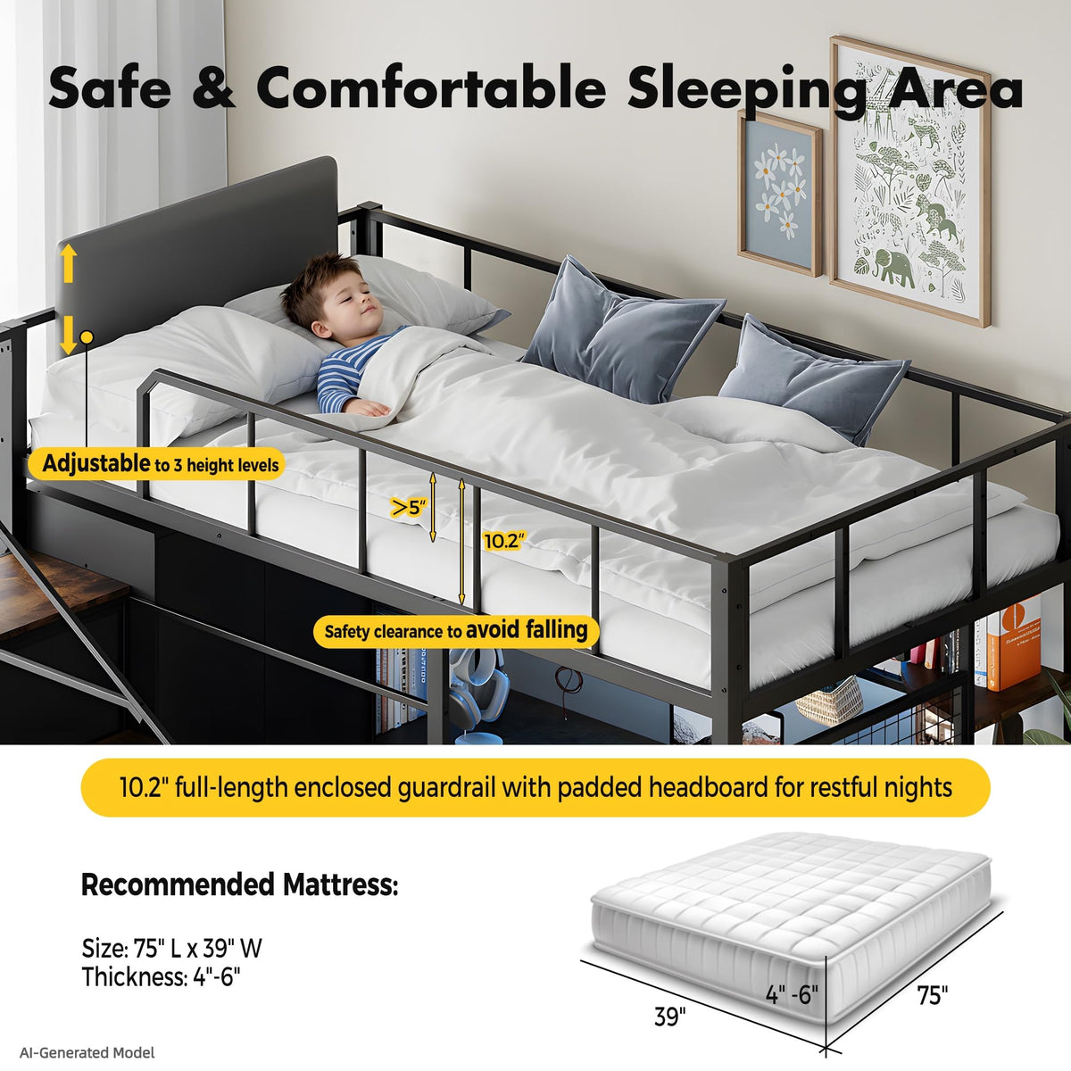 Twin Size Metal Loft Bed with Desk, Stairs, LED Light, Headboard, Guardrail, Charging Station, Closet and Fabric Drawers, Black & Burnt Wood S379