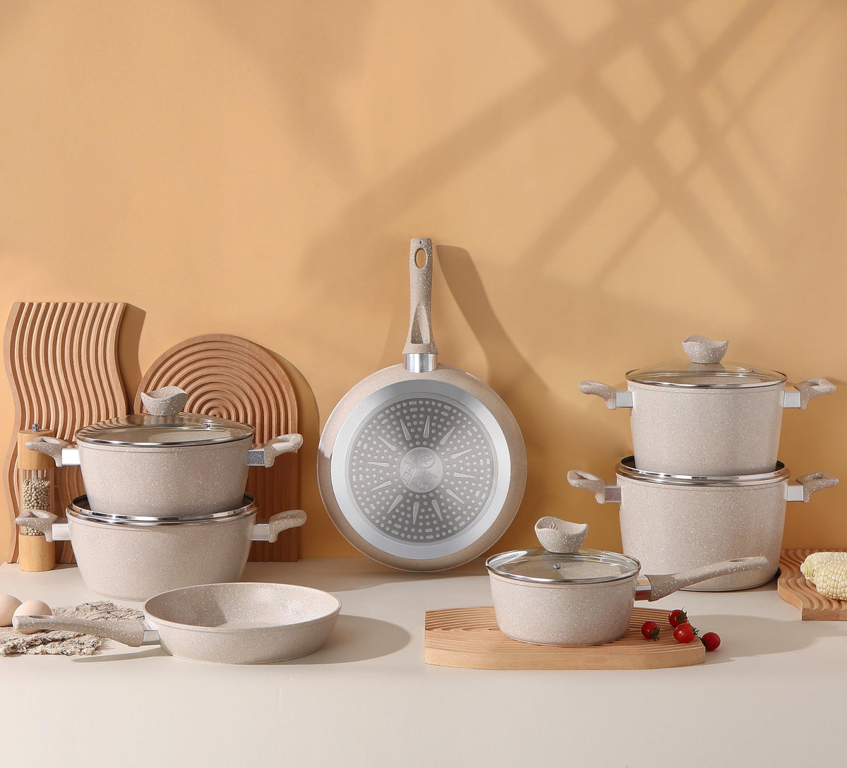13-Piece Beige Marble Coated Non-Stick Cookware Set with Glass Lids U4201