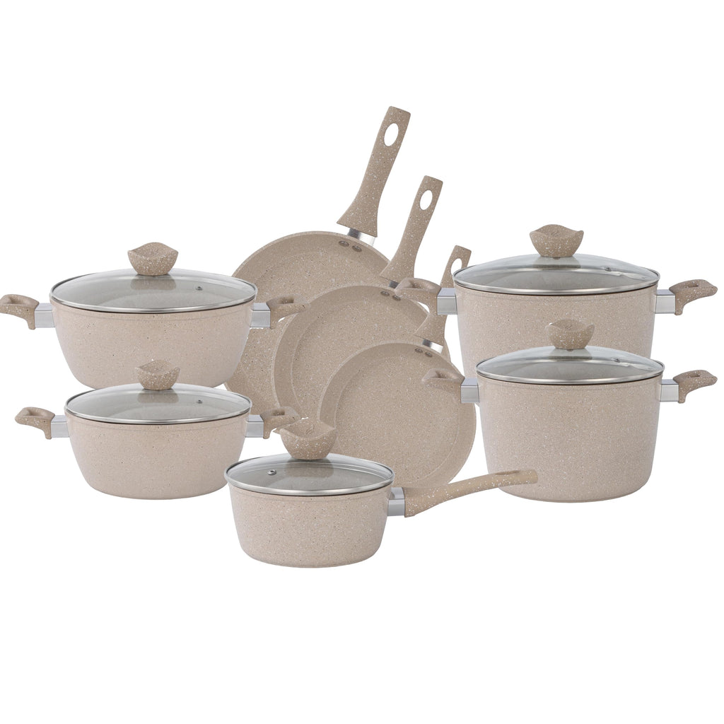 13-Piece Beige Marble Coated Non-Stick Cookware Set with Glass Lids U4201