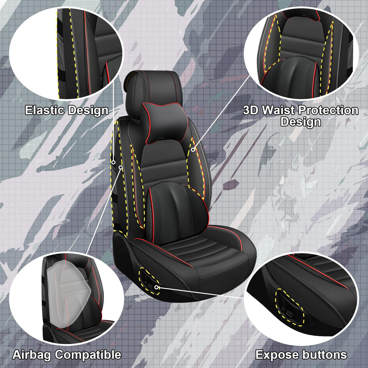 Waterproof Nappa Leather Car Seat Covers 5 Seats Black Red Y532
