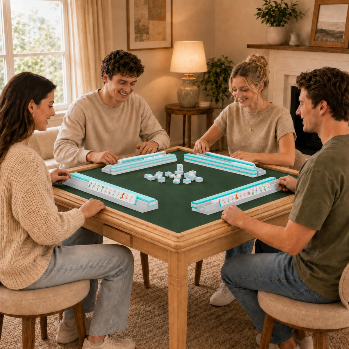 White Scalloped Wooden Mahjong Racks with Pushers Set of 4 N46160