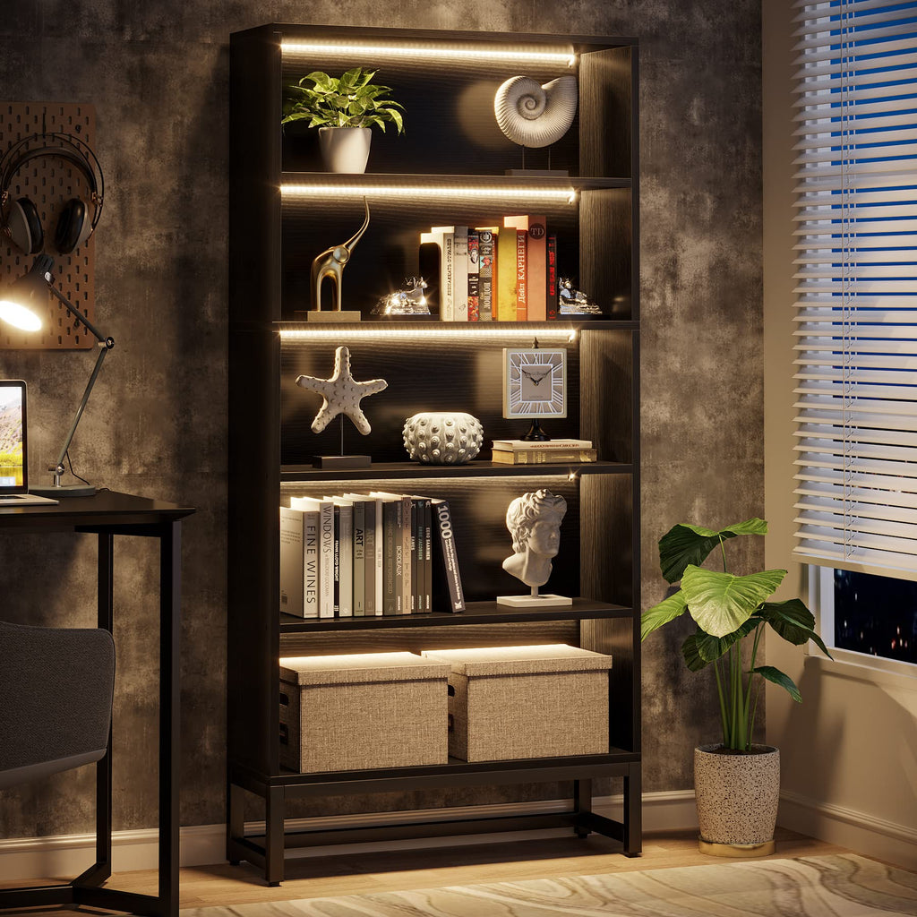 Black 70.8” 5-Tier Bookcase with LED Lights J632