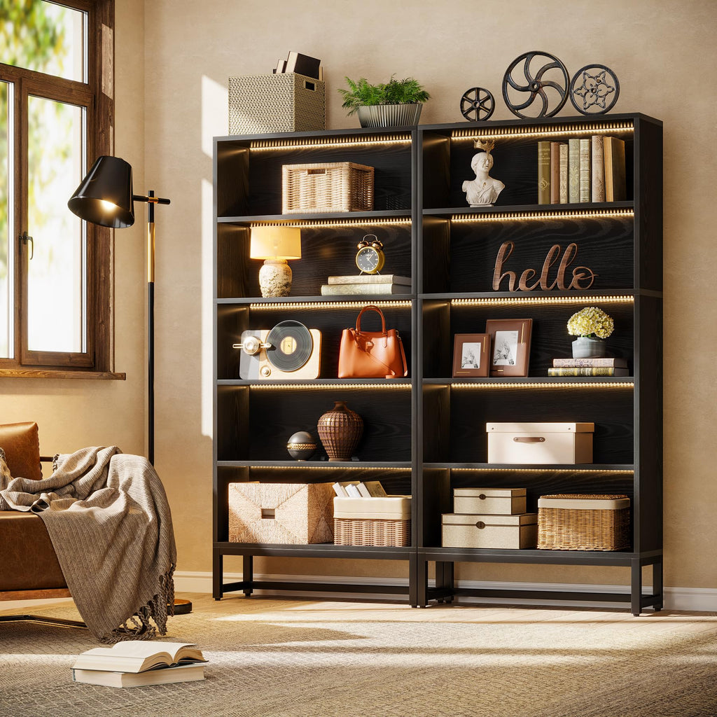 Black 70.8” 5-Tier Bookcase with LED Lights J632