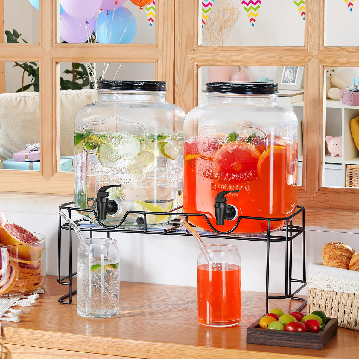 2pcs 1.5 Gallon Glass Drink Dispenser with Metal Stand G57631