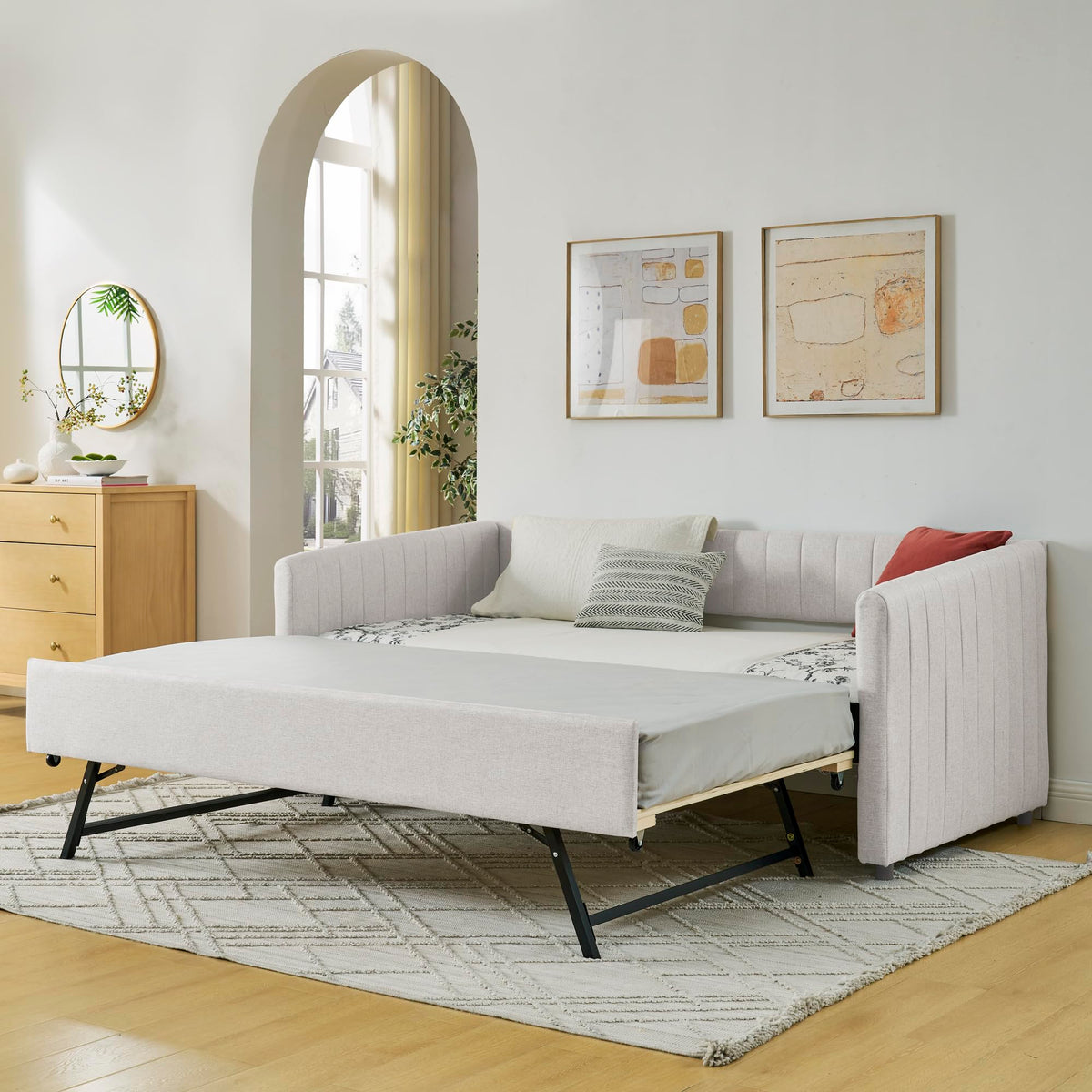 Beige Linen Twin Size Upholstered Daybed with Trundle and Headboard E782125