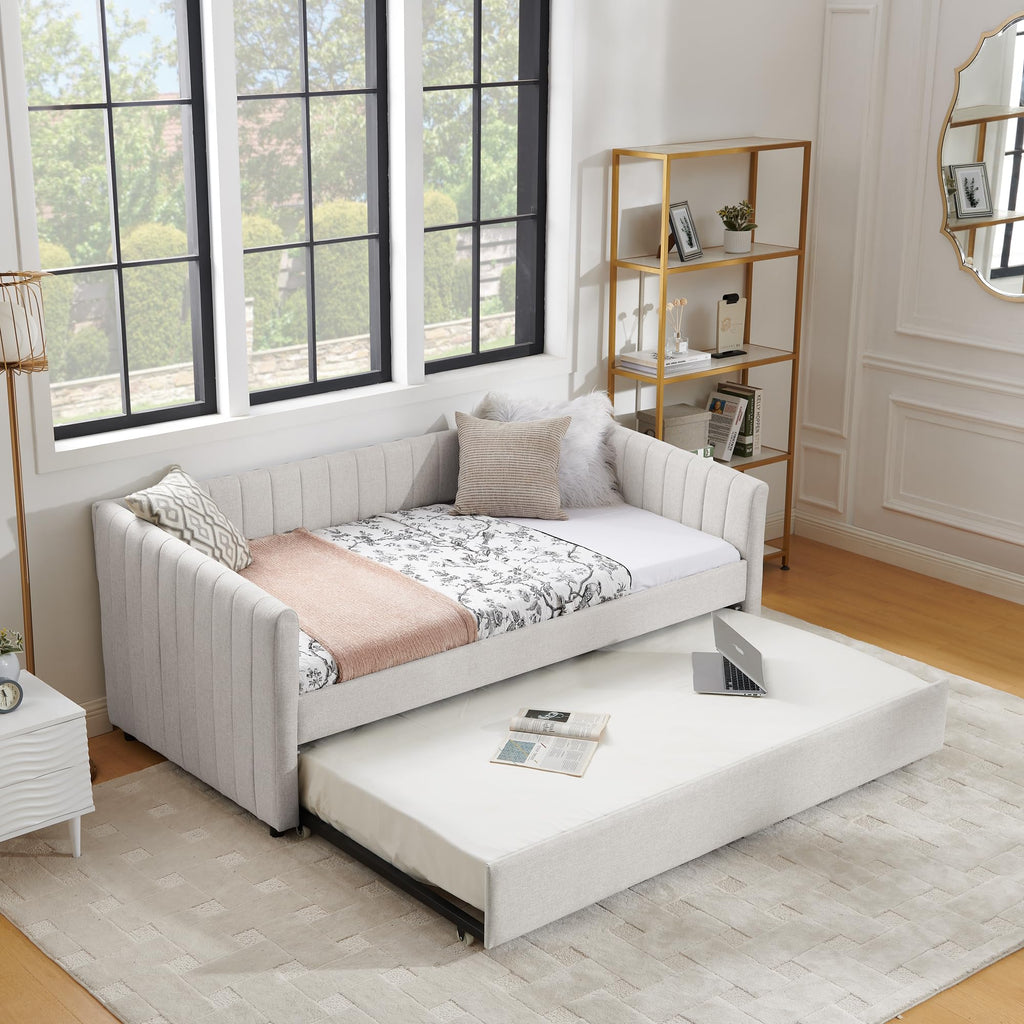 Beige Linen Twin Size Upholstered Daybed with Trundle and Headboard E782125