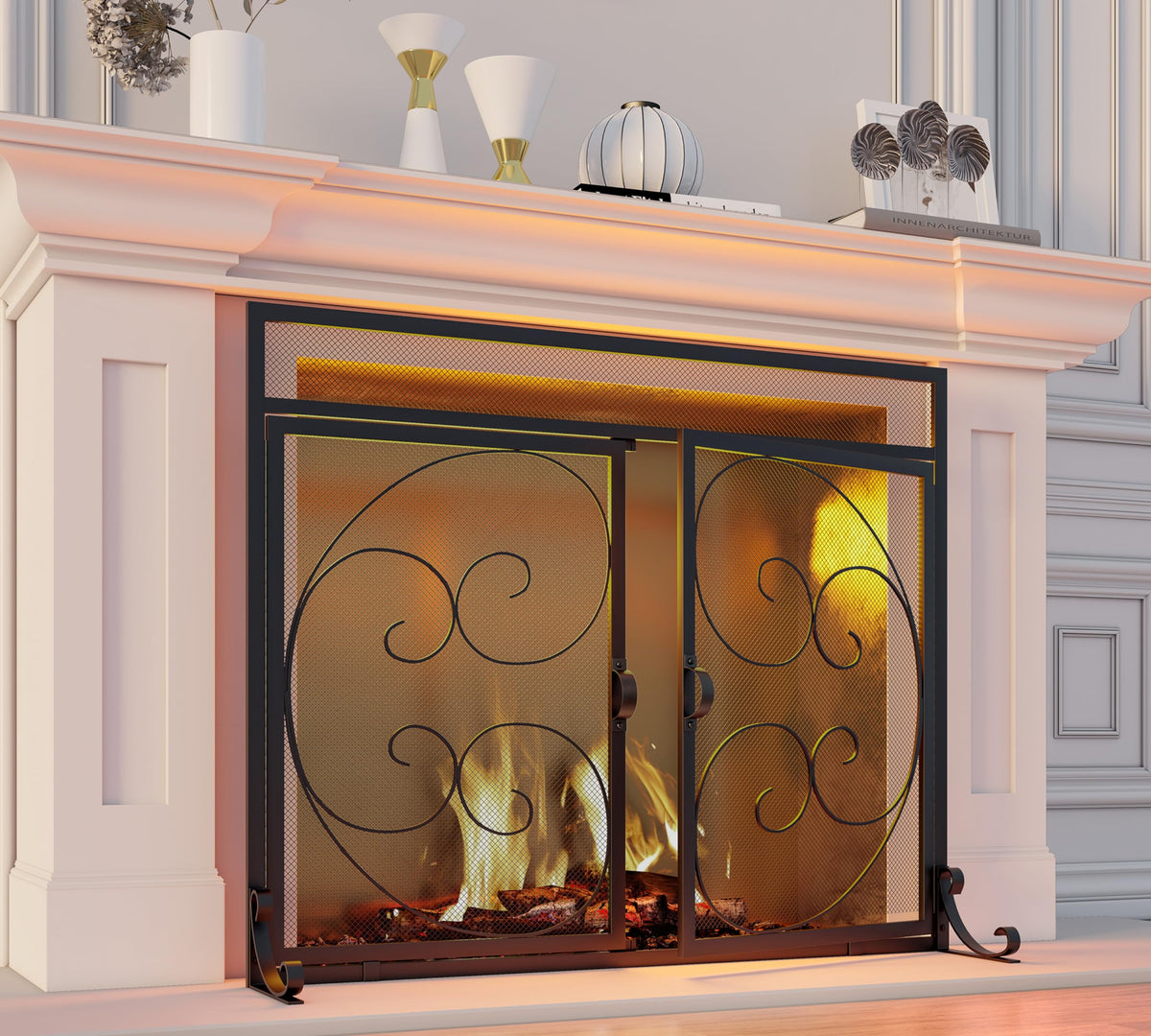 Wrought Iron Fireplace Screen with Magnetic Double Doors Black Y559