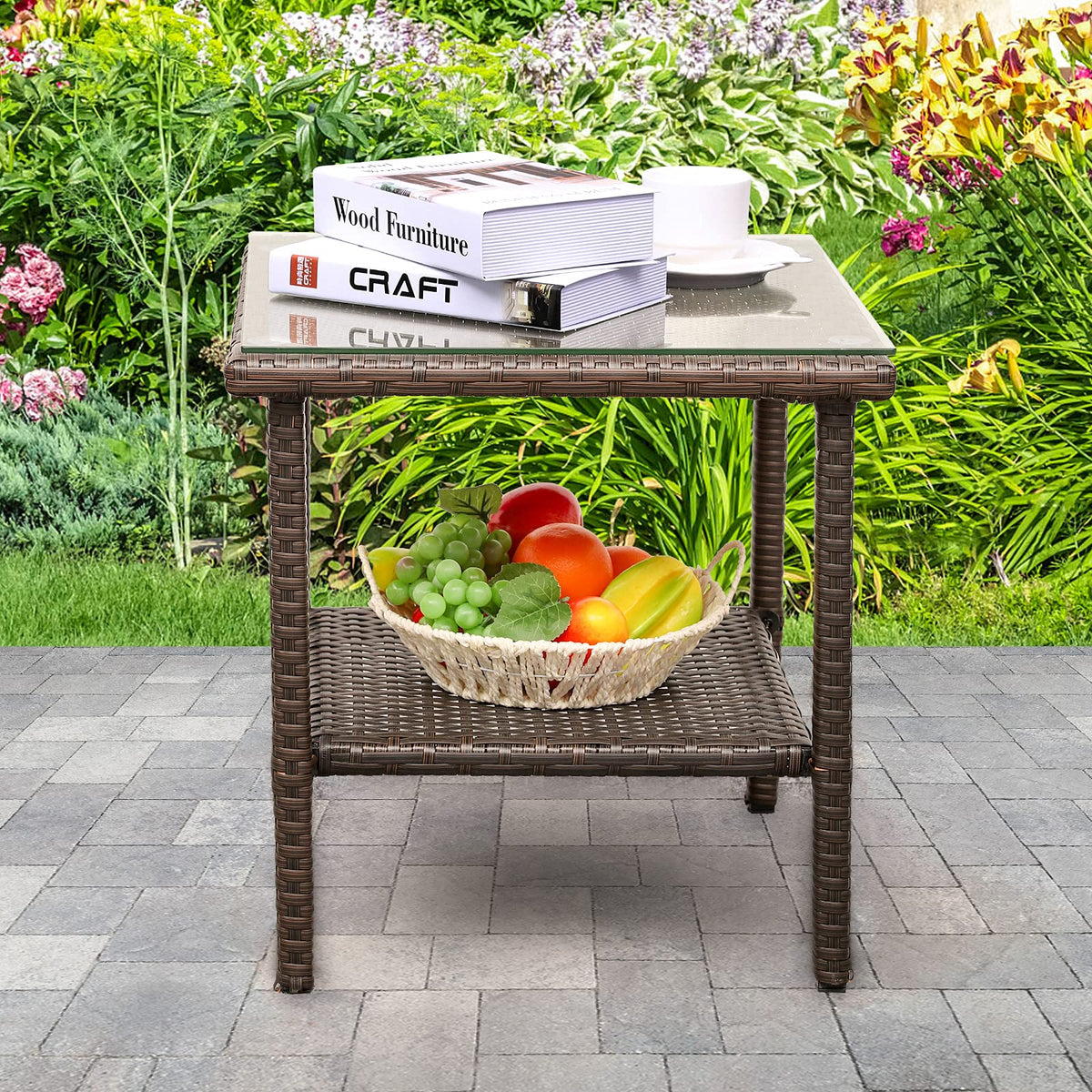Outdoor PE Wicker Side Table with Glass Top E37860