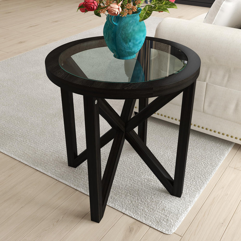 Black Tempered Glass Round Side Table B511756