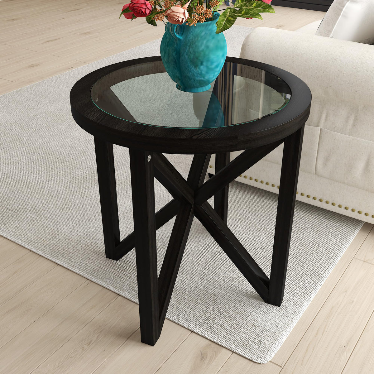 Black Tempered Glass Round Side Table B511756