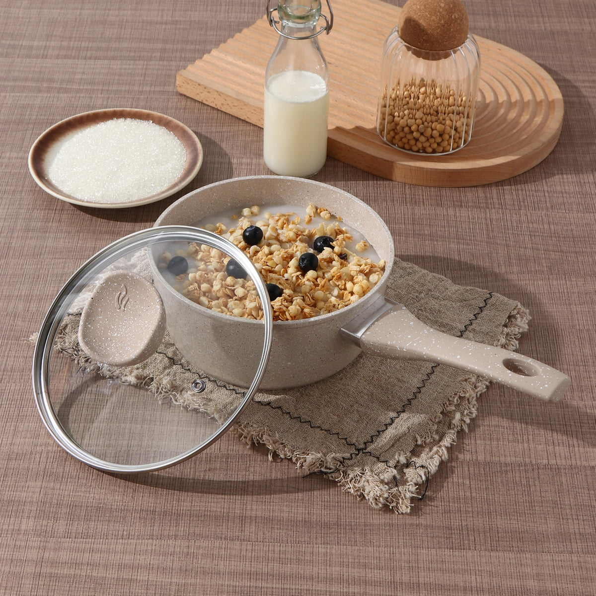 13-Piece Beige Marble Coated Non-Stick Cookware Set with Glass Lids U4201